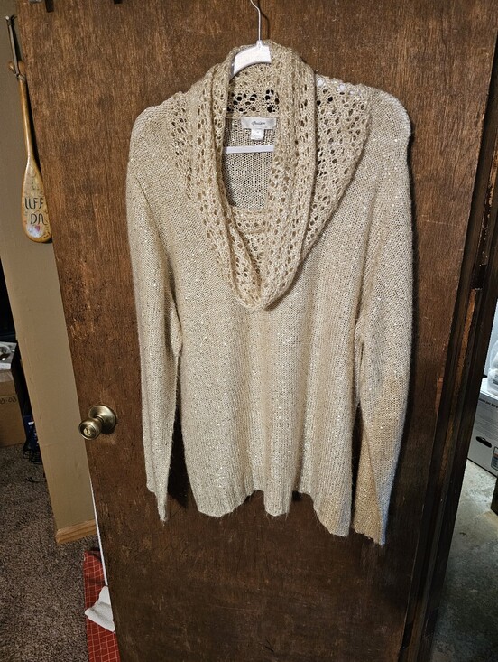 CJ Banks Sweaters - CJ Banks Beige Open-Knit Cowl Neck Selquined Sweater